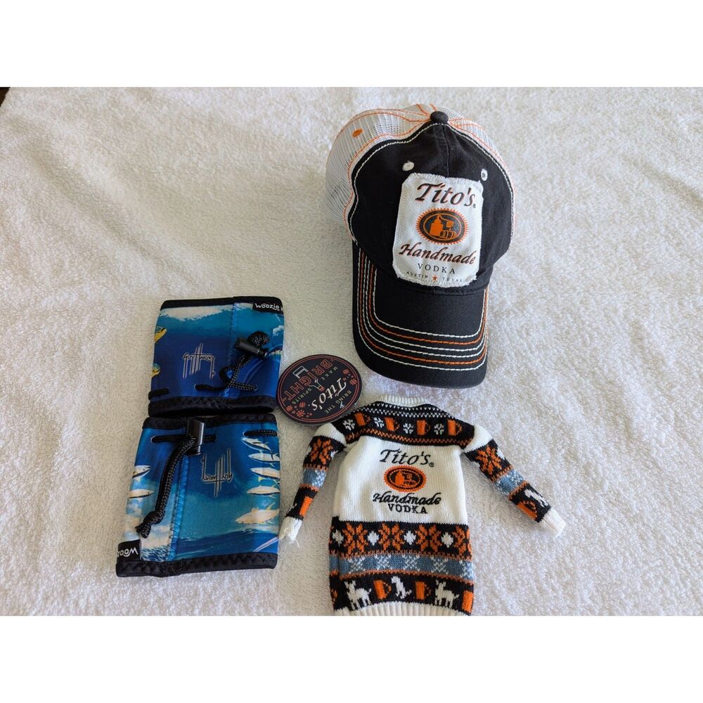 Bundle of (4) koozie/woozie huggers & hat/cap (Tito's & Guy Harvey)